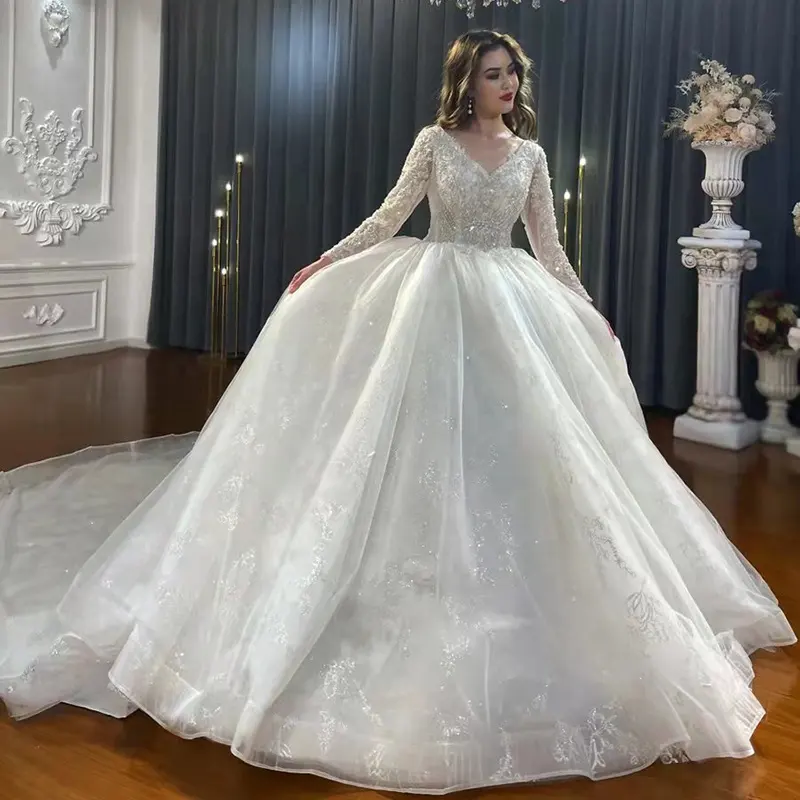 Jancember NS4277 आइवरी लक्जरी फीता सेक्विन लंबी आस्तीन दुल्हन की पोशाक शादी