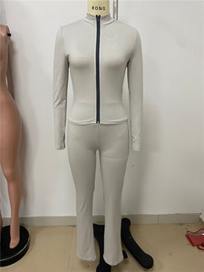 Katı spor kadınlar 2 parça Set kıyafet rahat Zip uzun kollu kırpma üst ve yüksek bel tayt pantolon - Product Image 5