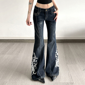 Y2K Vintage Print Washed Split Rivet Decor Flattering Flared Pants Hot Girl Low Waist Elegant Versatile Dark Blue Jeans - Product Image 5