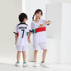 22-23 Portugal Away White No.7 Ronaldo Conjunto de uniforme de fútbol de verano Pantalones cortos de jersey con estampado digital para niños 100% Corte automatizado - Product Image 1