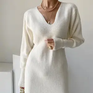 Vestido de suéter de manga comprida personalizado plus size de luxo com gola V e cintura alta, vestido de malha com nervuras para mulheres, 2024