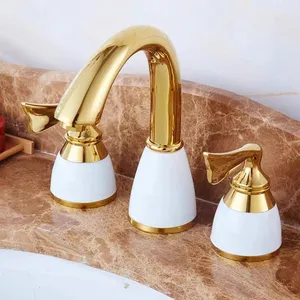 Heißer verkauf luxus wasserzeichen goldene hot & cold Keramik körper messing 3 Löcher Waschbecken wasserhahn basin wasserhahn mixer dual griffe