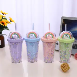 C277 18Oz Reusable Travel Ice Coffee Mugs 550Ml 2 In 1 Lid Double Wall Plastic Drinking Cup Rainbow Plastic Tumbler With Straw