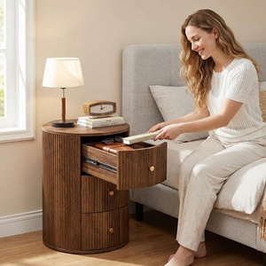 <strong>Mid</strong> <strong>Century</strong> Round End <strong>Table</strong> with 3 Storage Drawers Wood Storage <strong>Side</strong> <strong>Table</strong> Beside <strong>Tables</strong> Bedroom Closed Nightstand - Product Image 4