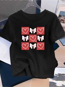T-shirt da donna nera a maniche corte, girocollo, con stampa grafica a cuore e fiocco, casual, per tutti i giorni, lavabile in lavatrice, in jersey di cotone, vestibilità comoda - Product Image 3