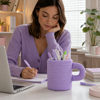 Porte-pinceaux de maquillage esthétique en forme de tasse, organisateur |   Porte-stylos de bureau en tissu matelassé mignon pour femmes |   7-10 jours de camping