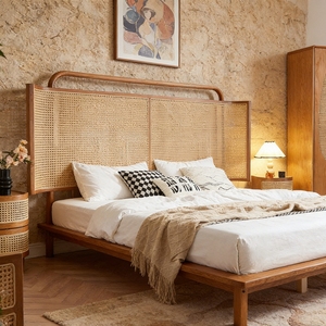 Lit mural en bois massif <span class=keywords><strong>de</strong></span> frêne tressé en rotin, style Wabi Sabi moderne et organique, disponible en tailles King et Queen, mobilier <span class=keywords><strong>de</strong></span> chambre à coucher - Product Image 3