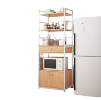 Étagère de rangement de cuisine multi-niveaux en métal et bois avec tiroir pour micro-ondes et épices à placer près du réfrigérateur