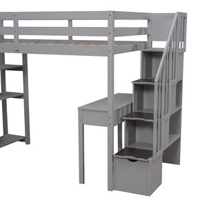 Twin Size Wooden Loft Bed with Storage Drawers <b>Desk</b> and Stairs Gray <b>Shelves</b> for Kids - Product Image 6