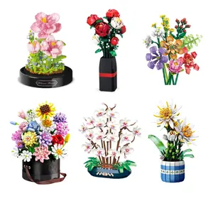 2024 Jaki Flowers Bouquet Bricks JIESTAR Rose Sunflower Plant DIY Model Sembo Flower Vase Building Blocks Sets With Music Box