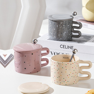 Tazza in Ceramica Colorata e Carina con Motivo a Pois in Stile Instagram, Design Creativo del Manico, Tazza per Colazione Unisex, Regalo per Coppie - Product Image 2