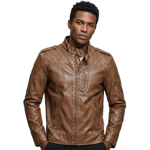 Chaqueta de Cuero Sintético Marrón para Hombre, Diseño con Hombros Acolchados, Corte Ajustado, Estilo Casual, Chaqueta de Motociclista para Otoño - Product Image 5