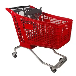170 लीटर लाल यूरो प्रकार प्लास्टिक सुपरमार्केट स्टोर हैंड शॉपिंग ट्रॉली गाड़ियां