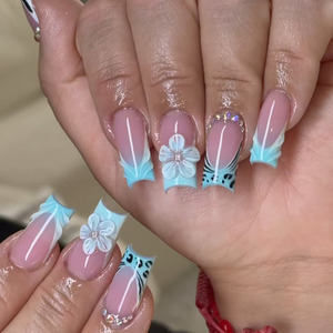 24 <span class=keywords><strong>Uñas</strong></span> Postizas Francesas de Longitud Media con Diseño <span class=keywords><strong>3D</strong></span> de Ondas de Agua y <span class=keywords><strong>Flores</strong></span>, <span class=keywords><strong>Uñas</strong></span> Artificiales con Punta Francesa - Product Image 6