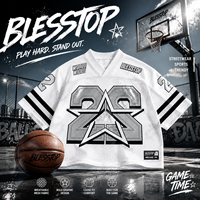 T-shirt surdimensionné pour homme Blesstop, col en V, style jersey, tissu en maille 220 GSM, impression graphique personnalisée, manches courtes, streetwear