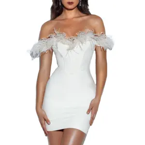 Fashion Custom Feathers Prom Off The Shoulder Bodycon Club Party Dress Sleeveless Corset Split Front Sheath Evening Mini Dress