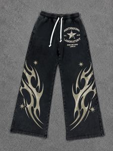 Pantalones de chándal vintage para hombre, lavados al ácido, acampanados, con estampado gráfico gótico de llamas y estrellas, holgados, de pierna ancha, con cordón, estilo streetwear - Product Image 1