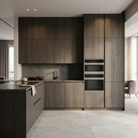 Gabinetes de Cocina Modulares de Nogal Oscuro de Primera Calidad con Encimera de Piedra Gris para Proyectos de Personalización de Cocinas Modernas en Gris
