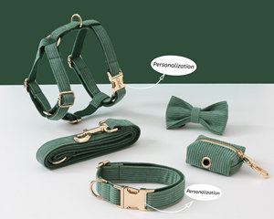 Ensemble collier et laisse personnalisés pour chien avec nœud papillon en velours côtelé vert, porte-sac à excréments et harnais anti-traction pour chiot mâle - Product Image 2