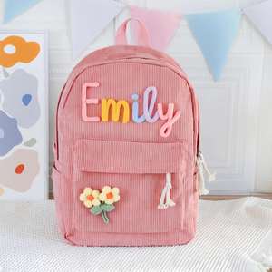 Personalised <b>Corduroy</b> <b>Backpack</b> Custom Embroidered Name Cute School Bag Handmade Polyester Lining Interior Pocket Children's - Product Image 1