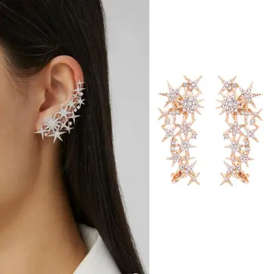 Gold Plated Large Rhinestone Butterfly Snake Star Flower Thick Crawler Baguette Ear Wrap Cuff Earrings Clip Sets Women Jewelry