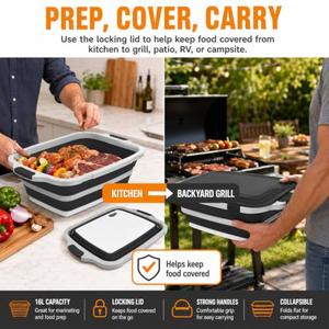 Lot de 2 bacs de préparation BBQ pliables XL avec planche à découper intégrée, couvercle et passoire – Mariner, égoutter et préparer – Grand récipient alimentaire sécurisé - Product Image 5