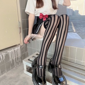 Mu Ruan Dark Striped Jacquard Elastic Thigh High Stockings 5D Ultra Thin Transparent Women's Japanese Street Style JK Uniform - Product Image 1