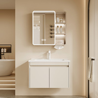 Armoire de salle de bain élégante en aluminium blanc crème à double porte, avec miroir, étagère ouverte, anti-traces de doigts, toucher agréable, pour hôtel
