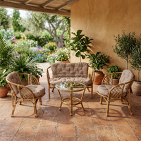 Ensemble de jardin en rotin avec table en verre, mobilier d'extérieur au design tropical, sièges confortables pour 3 personnes