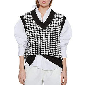 Pull-over tricoté <span class=keywords><strong>sans</strong></span> manches, col en V, coréen, pull-over, <span class=keywords><strong>haut</strong></span> ample, <span class=keywords><strong>pied</strong></span>-<span class=keywords><strong>de</strong></span>-<span class=keywords><strong>poule</strong></span>, collection automne hiver, - Product Image 3
