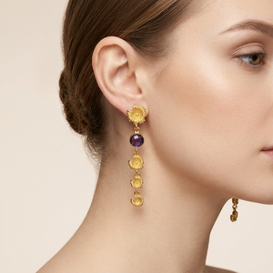 Designer jewelry round cut hydro quartz chalcedony gemstone dangler earring brass 18k gold plated flower <b>drop</b> statement earrings - Product Image 2