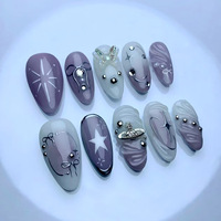 Ongles en amande, motifs nœuds violets et argentés, style Y2K, faux ongles à presser, fabriqués à la machine en ABS, lot de 24 embouts d'ongles longs en forme d'amande