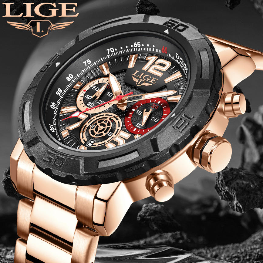 LIGE Orologio Da Uomo Lusso 3ATM Impermeabile Cronografo Analogico Quarzo Luminoso Data Blu Quadrante Classico Moda Affari Elegante Acciaio - Foto 5