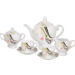 Flor simples e linha de fluência Design personalizado 17pcs Grande Capacidade Porcelana Branco Handle Round Teapot E Copos Tea Set