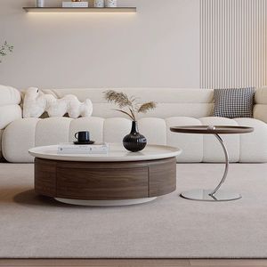 Italian Minimalist Round Coffee <b>Table</b> Set <b>Walnut</b> Wood Veneer Artistic Vintage Style Light Luxury Designer Living Room Home - Product Image 3