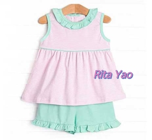 Abiti Estivi a Righe <span class=keywords><strong>Rosa</strong></span> per Bambine con Colletto a Volant, <span class=keywords><strong>Vestito</strong></span> Personalizzato per Bambine con Set di Pantaloncini Abbinati, Abbigliamento per Bambine - Product Image 3