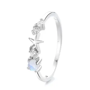 Yaeno Jewelry World of Sea Theme Ring with Moonstone Setting Thin Band Rings for Women