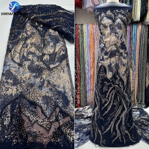 Sinya hoàng gia màu xanh sang trọng sequin đính cườm pháp lưới vải tuyn ren 5 bãi 10 màu sắc nóng bán thổ cẩm Jacquard Vải Thêu Ren - Product Image 5