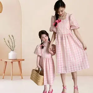 Summer Mother Daughter Parent Child Wear Organza Pink Plaid Princess Bubble Sleeve Skirt family matching clothes dress