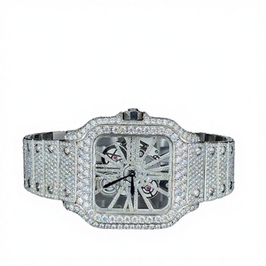 Montre-bracelet de luxe vintage pour homme, squelette, avec lunette en verre cristal, en acier inoxydable, mouvement à quartz, diamants Moissanite, fermoir pliant argenté - Product Image 3