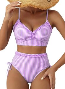 Ensemble bikini femme à pois, taille haute, haut push-up avec volants, en spandex et polyester, maillot de bain 2 pièces style crop top - Product Image 2