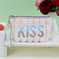 Tas Makeup tambalan ritsleting boneka lembut portabel grosir kantung beludru Sherpa kustom tas kasmir kosmetik pengatur bulu wanita