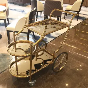 Chariot de bar mobile en métal pour meubles d'hôtel et de restaurant Cuisine de luxe Chariots à thé en bois pour aliments en acier inoxydable antique