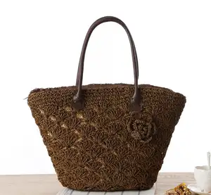 Single Shoulder Handheld Leather Handle Scallop Hook Flower And Grass Woven Bag Fashion Beach Vacation Women's Bag