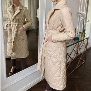 Super Long straight winter coat with rhombus pattern Casual sashes women parkas Deep pockets tailored collar stylish outerwear