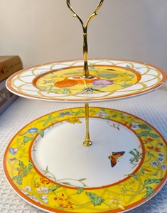 Yellow Floral Insect Print Bone China 2 Tier Cake Stand With Gold Handle Fine <b>Ceramic</b> Dessert Stand For Party Wedding - Product Image 3