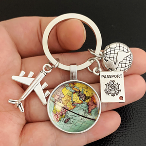 World Map Travel Exploring Glass Dome Aircraft Charm Pendant Keychain Men's and Women's Gift Jewelry Keychain.