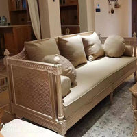 Sofá de Tela y Madera Maciza Estilo Americano, Juego de Tres Piezas, Cama de Mimbre Estilo Francés Vintage, Sofá en Forma de U Móvil de 3 Plazas para Espacios Pequeños
