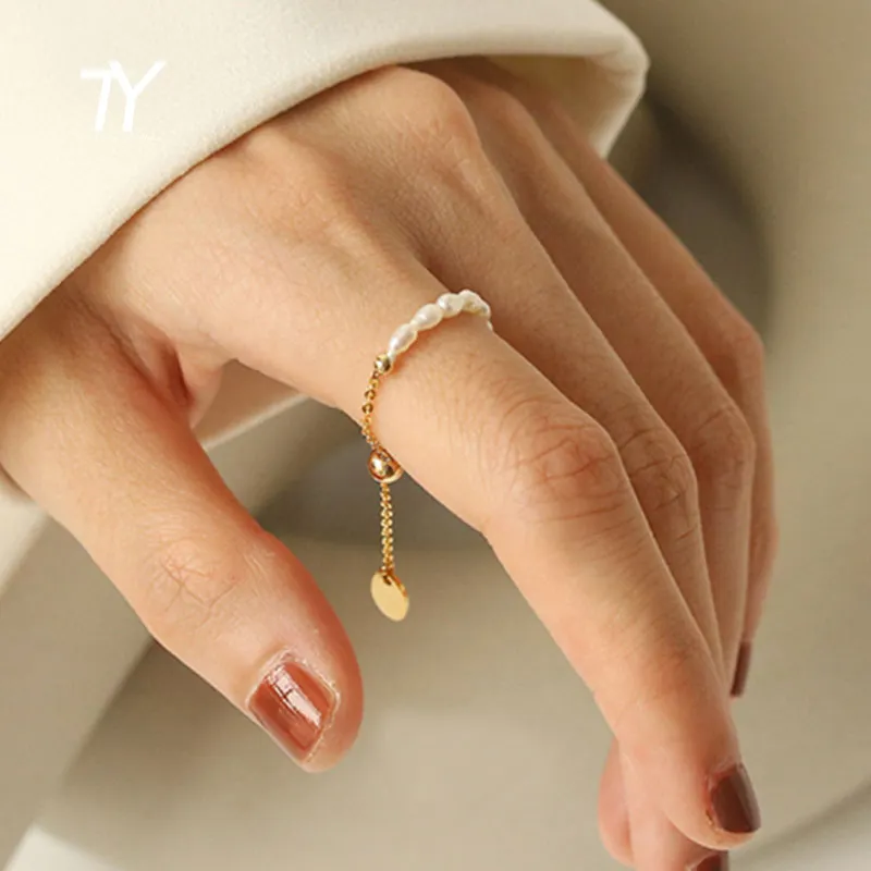 French Simple Retro Pearl Chain Pull Adjustment Gold Color Rings Girl's New Elegant Accessories Fashion Finger Jewelry For Woman