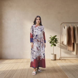 Premium Silk Woven O-Neck Loose Silhouette Floral Print Breathable Daily Wear Long Edition <b>Women's</b> Blouse - Product Image 2